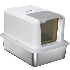 PawHut 2 in 1 Stainless Steel Cat Litter Box with Removable Lid, Scoop, Filter Bags, for Small to Large Cats, White